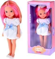 lutka s dugom ružasto-plavom kosom u bijeloj haljini s plavom mašnom 33 cm