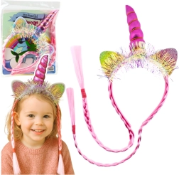 Ružičasta traka za kosu jednorog s rogom, ušima i pletenicama