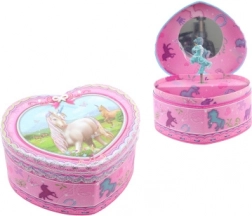 Ružičasta srcolika glazbena kutija za nakit s jednorogom i balerinom
