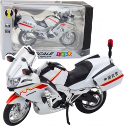 Metalni motocikl 1:12 sa svjetlima i zvukovima – bijeli s crveno‑žutim detaljima