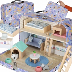 Prijenosna drvena kućica u kovčežiću – hotel za ljubimce s namještajem i figuricama