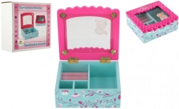 Drvena kutija za nakit s cvijećem i ogledalom, tirkizno‑ružičasta