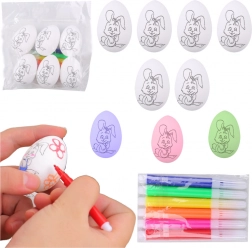 Uskršnja polistirenska jaja za bojanje s uzorkom zekića, 6 kom s flomasterima