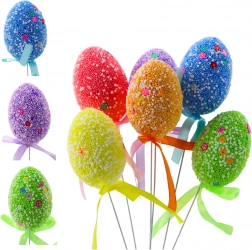 Uskrsna jaja na žici u boji s bijelim uzorcima i vrpcom 6 kom