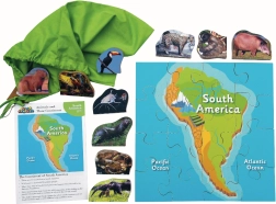 Drvene puzzle Južna Amerika i njezine životinje - 16 dijelova i 10 životinja