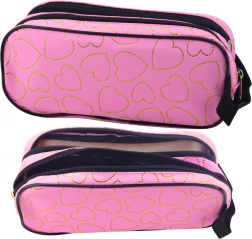 Školska pernica ružičasta sa zlatnim srcima, dvokomorna