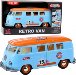 Retro kombi s otvorenim vratima, svjetlima i zvukovima – plava