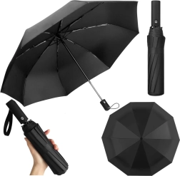 Automatski sklopivi kišobran s 12 rebara, crni, s futrolom 105 cm