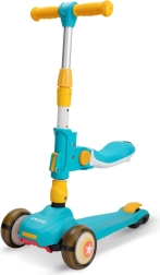 Kids’ scooter with seat, blue–yellow, light-up wheels