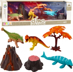 Set realističnih figurica dinosaura s vulkanom i stablom