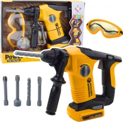 Dječji bušeći čekić s izmjenjivim nastavcima i zaštitnim naočalama žuti