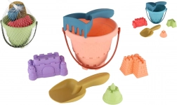 Plastični set za pijesak s kanticom, lopaticom, grabljicama i 3 kalupića u mrežici