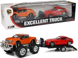 Set vozila: narančasti monster truck s vučnom prikolicom i crveni sportski automobil 58 cm