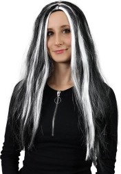 Long Black and White Wig with Witch Theme