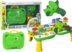 Dječji DIY stolić s koferčićem DINOSAUR i aku bušilicom, 249 dijelova