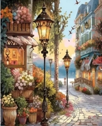 Dijamantna mozaična slika - Cvjetna ulica s lampama