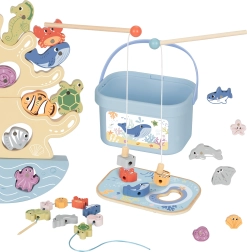 Drveni morski set 3-u-1: balansirajući toranj, magnetski ribolov i nizanje – 23 dijela