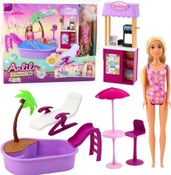 Lutka ANLILY na plaži s bazenom i štandom s pićima