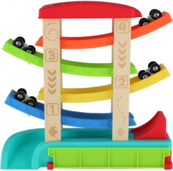 Kaskadna trkaća staza za autiće s 4 vozila, drvo i plastika, 33 × 32 × 10 cm