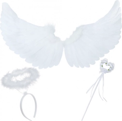 anđeoska krila s aureolom i štapićem u obliku srca RUHHY – bijeli set 3 kom