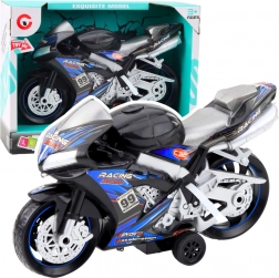 crno-plavi trkaći motocikl s efektima svjetla i zvuka
