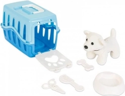 Psić u plavoj transportnoj kutiji