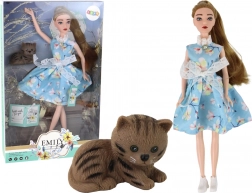 Lutka Emily proljetna s dugom kosom u plavoj haljini i mačićem