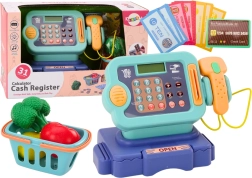 Dječja blagajna plava s kovanicama i košaricom