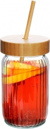 Rebrasta staklena boca za piće s bambusovim poklopcem i slamkom 500 ml
