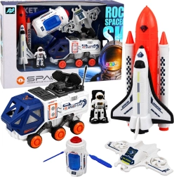Svemirski set s raketom, svemirskim shuttleom, satelitom, dronom, astronautom i vozilom