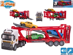 2-Play Traffic Car Carrier Truck with Pull-Back Drive, Lights & Sounds + 3 Mini Cars, 38 cm