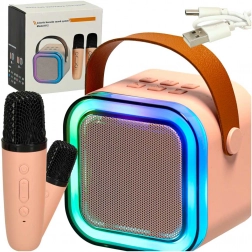 Karaoke set s bluetooth zvučnikom, 2 bežična mikrofona i LED pozadinskim osvjetljenjem 6 W – ružičasta