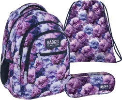 Školski set BackUP Violet Flowers 3u1 – ruksak, pernica i vrećica