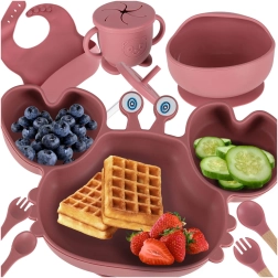 Silicone Dining Set for Kids, Crab, 9 Pieces, Dark Pink