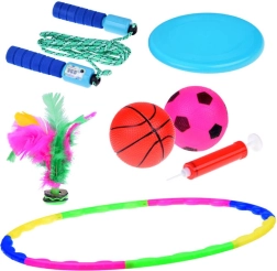 Sportski set 5-u-1 za djecu – hula hoop, frizbi, skakaličko uže, loptice i pero-lotka