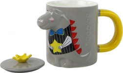 Keramička šalica s poklopcem dinosaurus 400 ml, siva