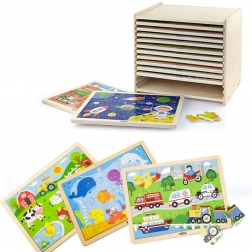 Drvene puzzle Viga – set od 12 okvirnih slagalica po 24 dijela na stalku