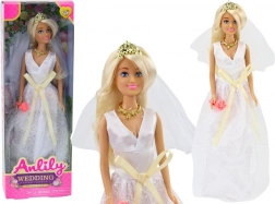 Lutka Anlily u vjenčanoj haljini s cvjetnim buketom i krunom