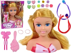 Głava za stiliziranje lutke s perlicama, ukosnicama i šarenim pramenovima