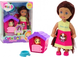 Mini lutka s dugom kosom i šarenom suknjicom s psom i kućicom