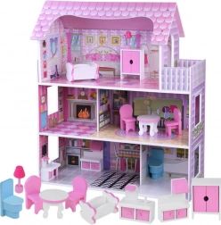 Ružičasta drvena kućica za lutke s namještajem i LED osvjetljenjem