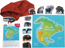 Sjeverna Amerika i njezine životinje – drvene puzzle 16 dijelova i 10 životinja