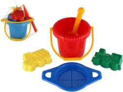 Plastični set za pijesak s kantom, sitom, lopaticom i 2 kalupića