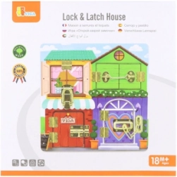 Drvena Montessori manipulativna ploča kućica sa bravama i zasunima