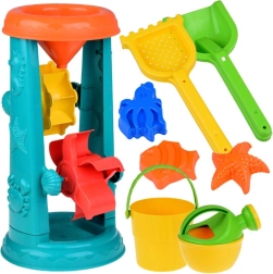 Veliki set pješčanih igračaka s kantom, grabljicama i vodenim kolom