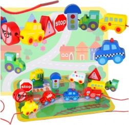 Drvene navlakujuće kockice – vozila i prometni znakovi s podlogom za igru