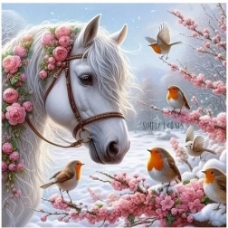 Dijamantna mozaika - Konj zimi s crvendaćem