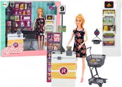 Lutka u supermarketu s policama, košarom i namirnicama