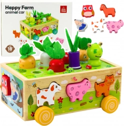 Drvena edukativna farma na kotačićima sa sortirem i magnetskim crvićima