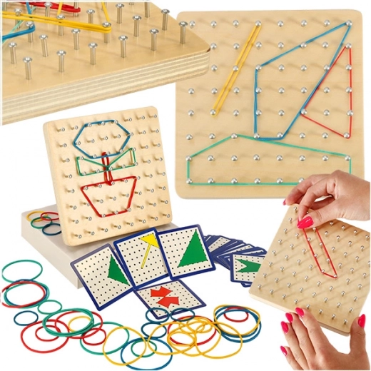Drveni geoboard – edukativni geoplan s raznobojnim gumicama i kartama s uzorcima